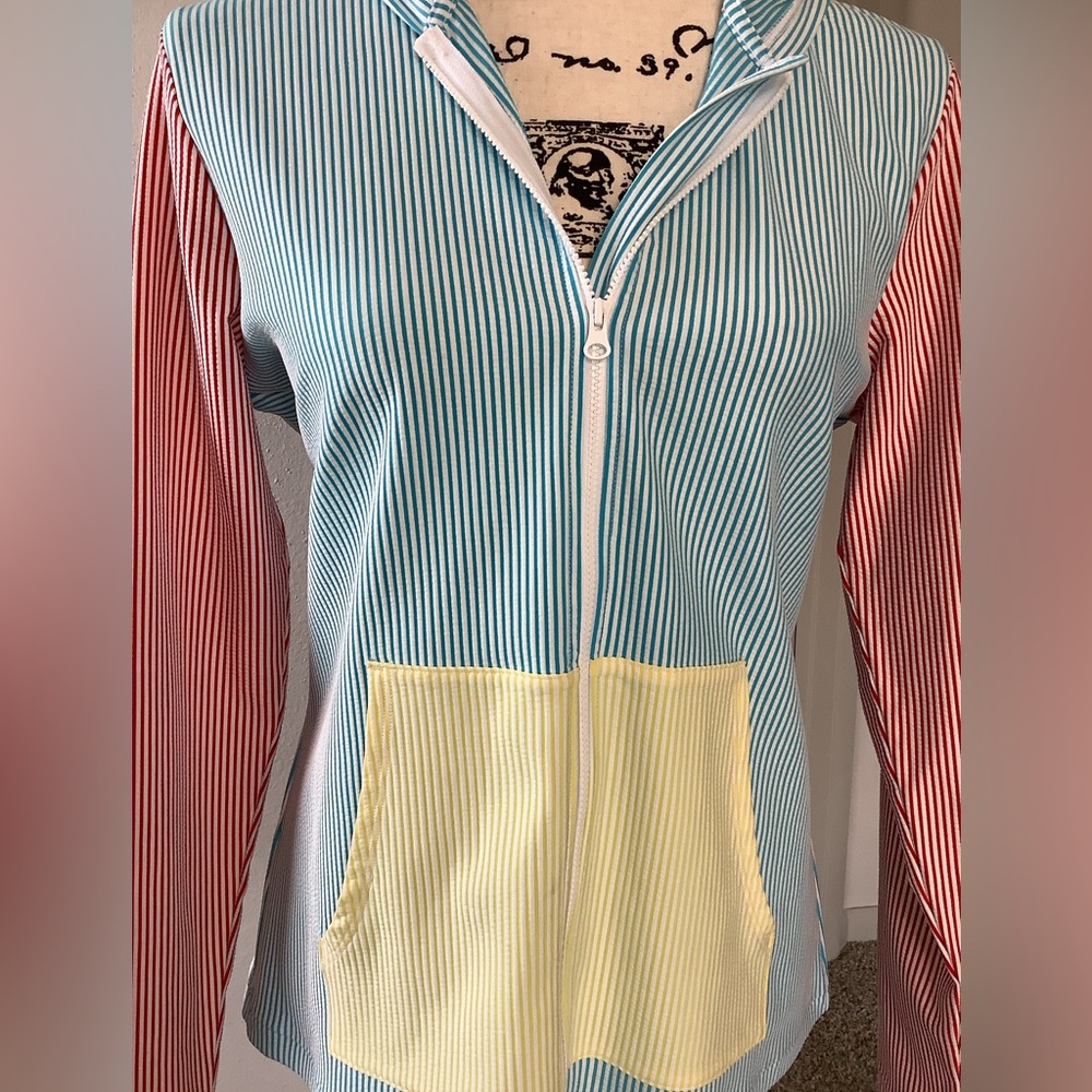 EUC. Lands' End Colorblock Hooded Jacket in Aqua, Pink & Yellow - Picture 2 of 8